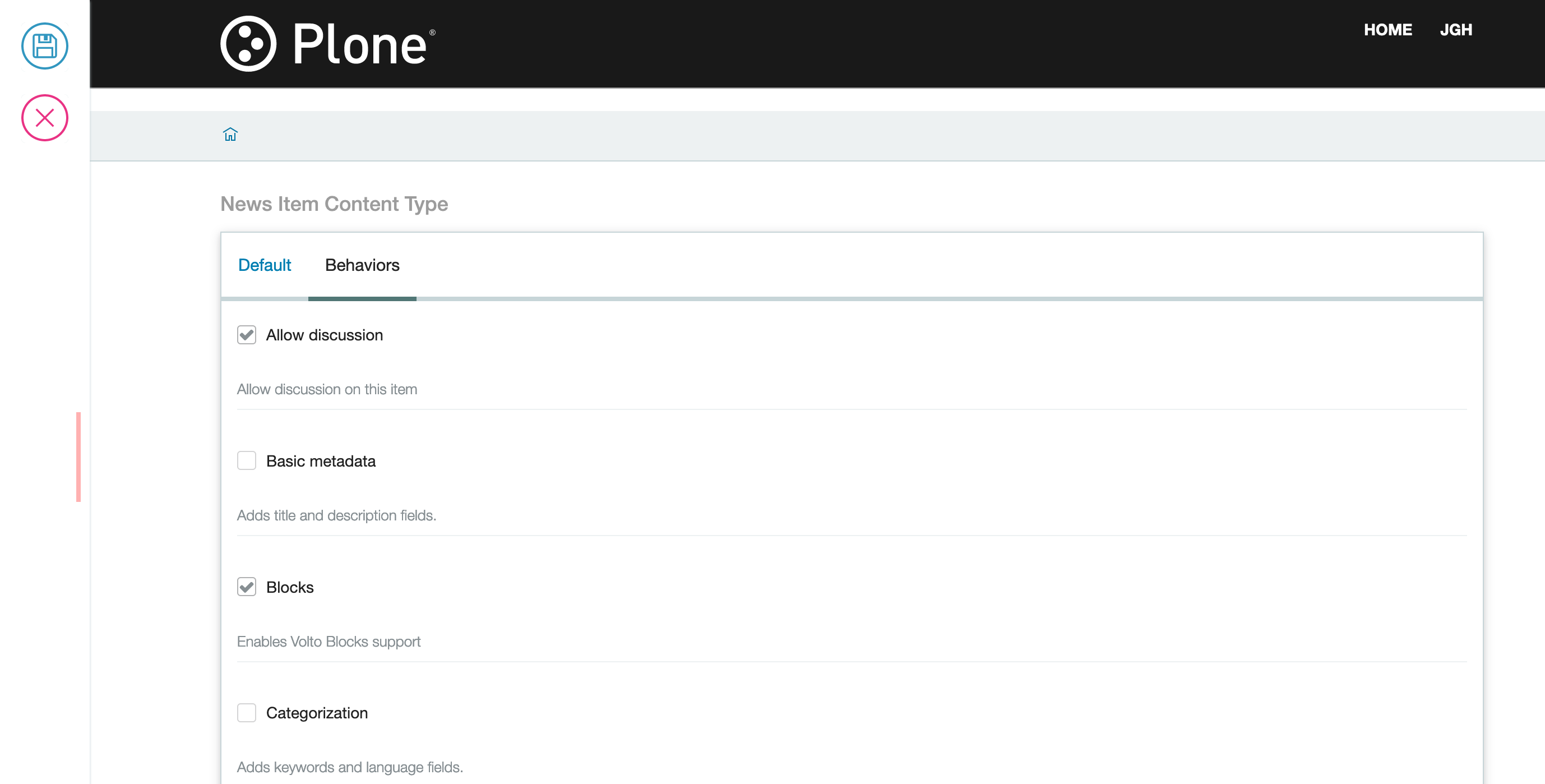 behaviors control panel in Volto