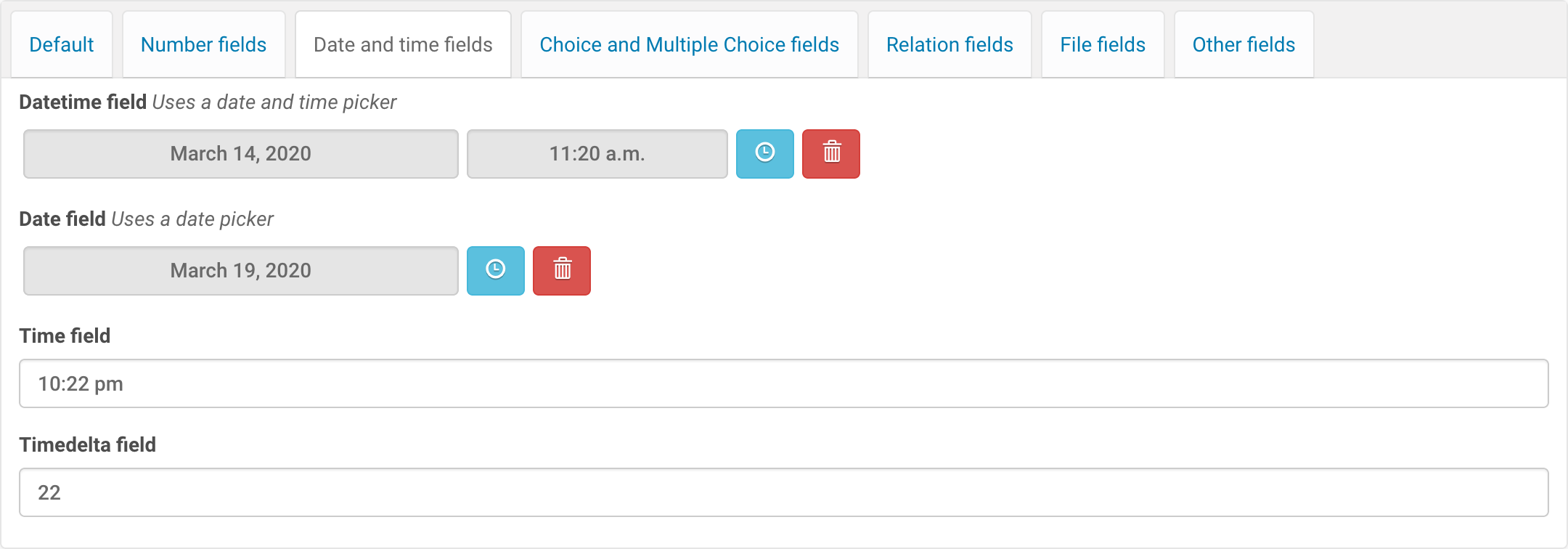 Date and time fields