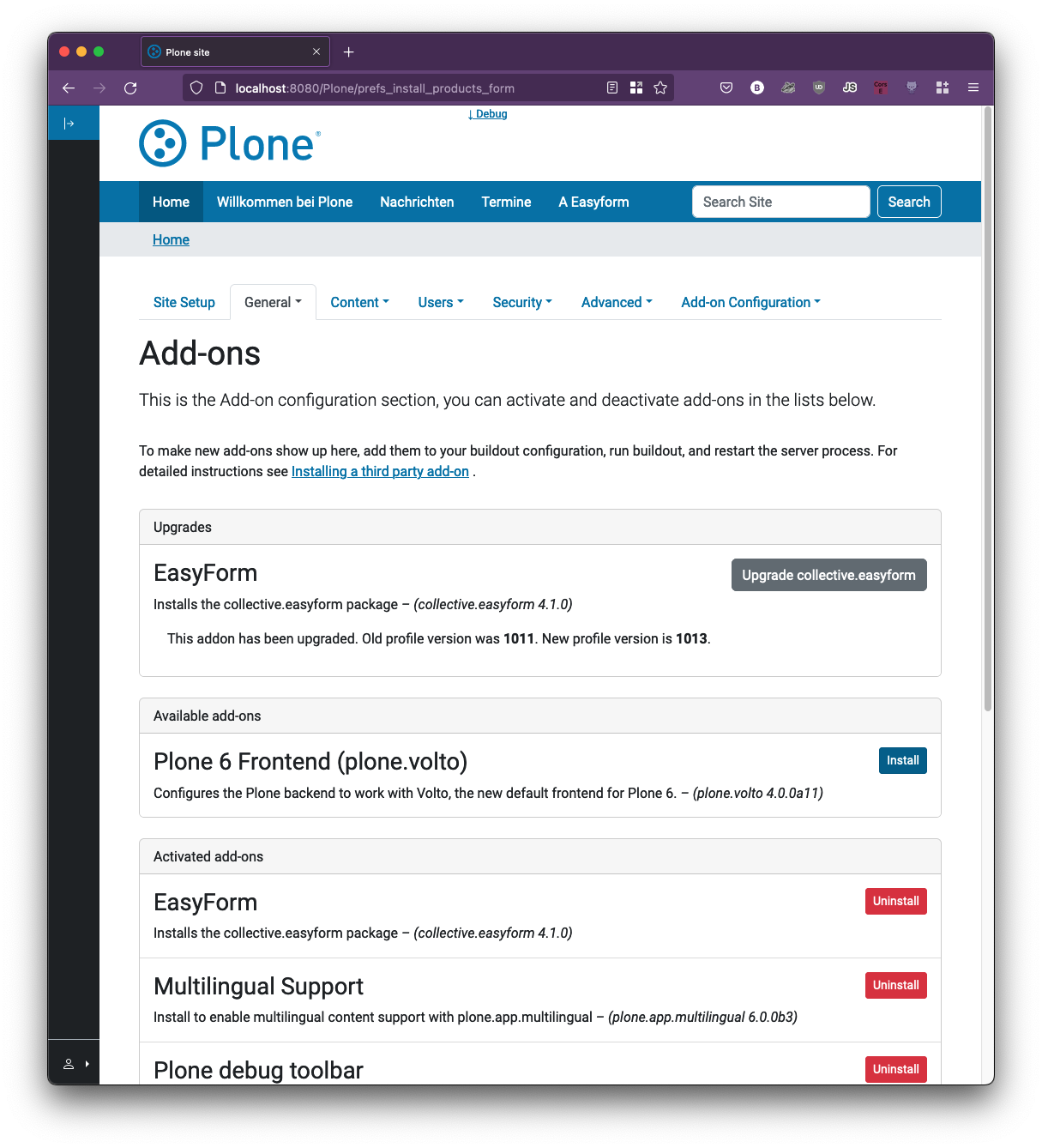 The view /@@prefs_install_products_form showing that easyform needs to be upgraded